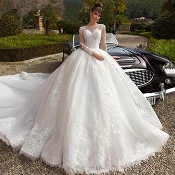 

Luxurious Vestido De Noiva Muslim Wedding Dresses Ball Gown Long Sleeves Tulle Appliques Lace Wedding Gown Bridal Dresses