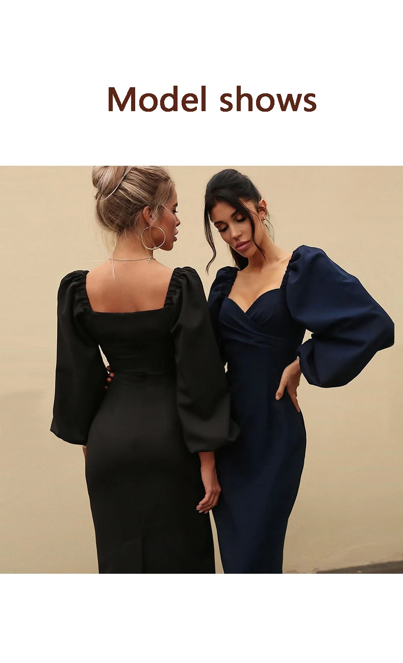 Sexy V-neck Women Dress Elegant Puff Long Sleeve Party Night Dress Ladies Bodycon Fall Long Sleeve Midi Dresses Women Clothing