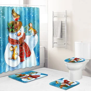 

Christmas Shower Curtain Mat Combination Four-Piece Set Bathroom Toilet Carpet Shower Room Mat Mat Cross-Border Hair