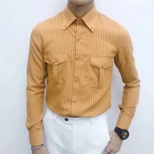 Мужская клетчатая рубашка с карманом с клапаном Осенняя винтажная Мужская рубашка Повседневная Коричневая серая белая сорочка Homme Manche Longue Slim Oufit