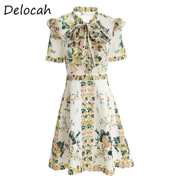 

Delocah Spring Summer Dress Fashion Ruwan Women Short Sleeve Simple Bow Ruffles Floral Printed Jacquard Short Dresses vestoidos