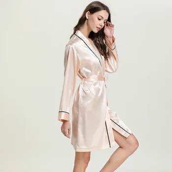 

Satin Woman Imitate Real Silk Robe V Lead Sexy With Belt Slim Sleepwear