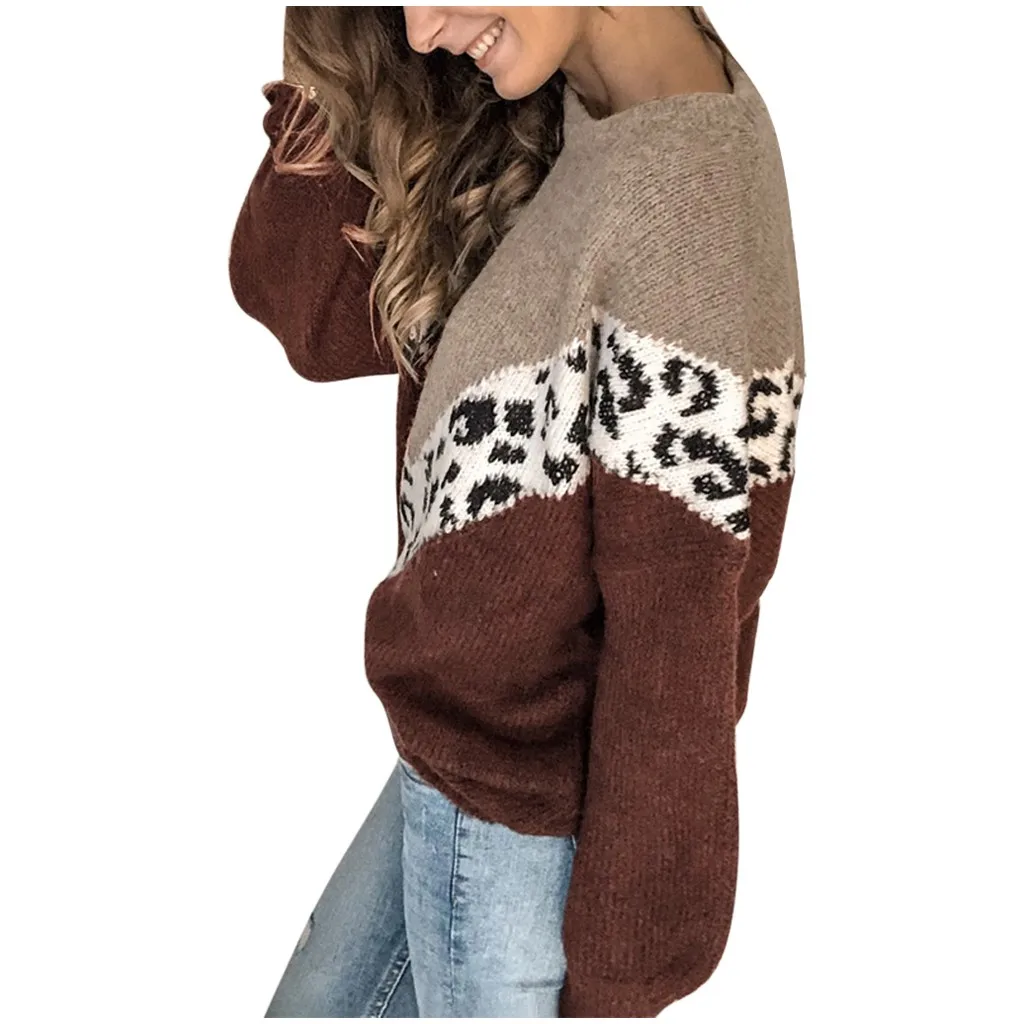 Womail Leoaprd с принтом из кусков, повседневный зимний модный Свободный теплый толстый вязаный свитер, топы, сексуальный пуловер для женщин, новинка