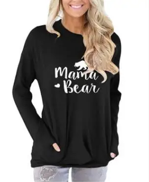 Хит, свободные топы, футболка, женская футболка с надписью Mama Bear, круглый вырез, повседневный Топ, Женская цветная футболка с длинным рукавом