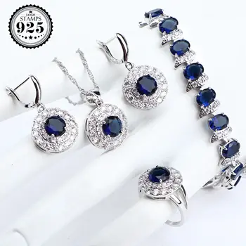 

Silver 925 Bridal Jewelry Sets Wedding For Women Round Blue Zircon Costume Jewellery Pendant Rings Earrings Bracelets Necklace
