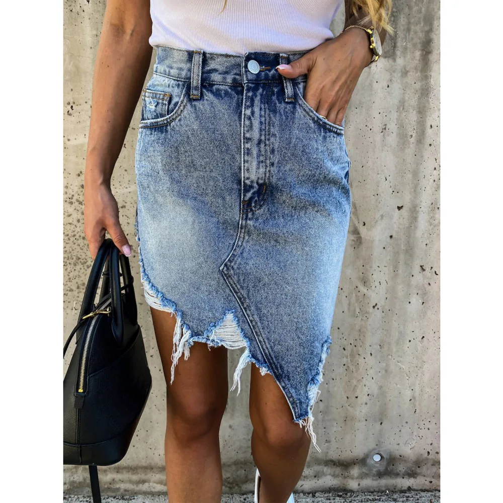

Women Retro Washed Irregular Denim Skirt Female Summer Trend High Waist Mini Denim Skirts Elastic Bodycon Hip Saia Jeans