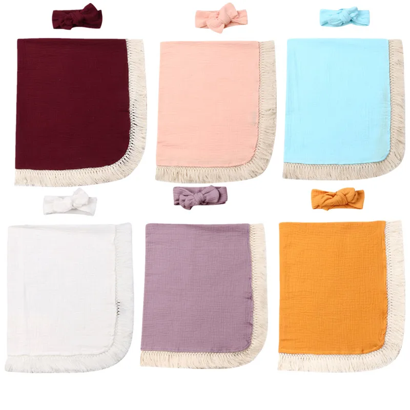 

New 2Pcs Baby Girls Boy Tassel Swaddle Wrap Blanket Muslin 100% Cotton Sleeping Mat