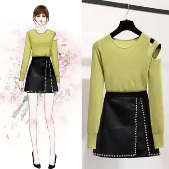 

Women 2020 Autumn Winter Long Sleeve Knitted Sweater+Beaded HIgh Waist Leather Skirt Set Female Fashion Casual 2 Piece Suit T273
