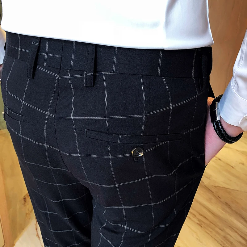 Мужские модельные брюки мужские s обтягивающие повседневные брюки Slim Fit деловые мужские строгие брюки высококачественные формальные клетчатые брюки размер S-4XL