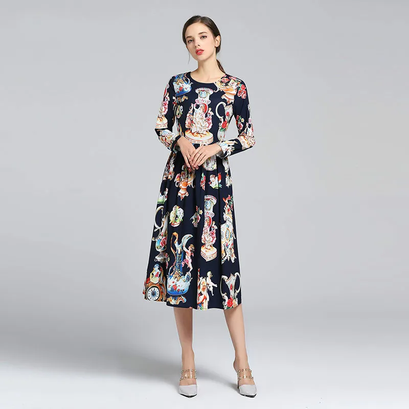 

Sanis 2019 Top Quality Autumn New Arrival Vintage O-Neck Full Sleeve Goddess Print A-Line Mid-Calf Elegant Vintage Dress vestido