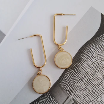 

S925 needle Women Jewelry Dangle Earrings Golden Plating Metal Geometric With Round Cream Enamel Drop Earrings Girl Student Gift