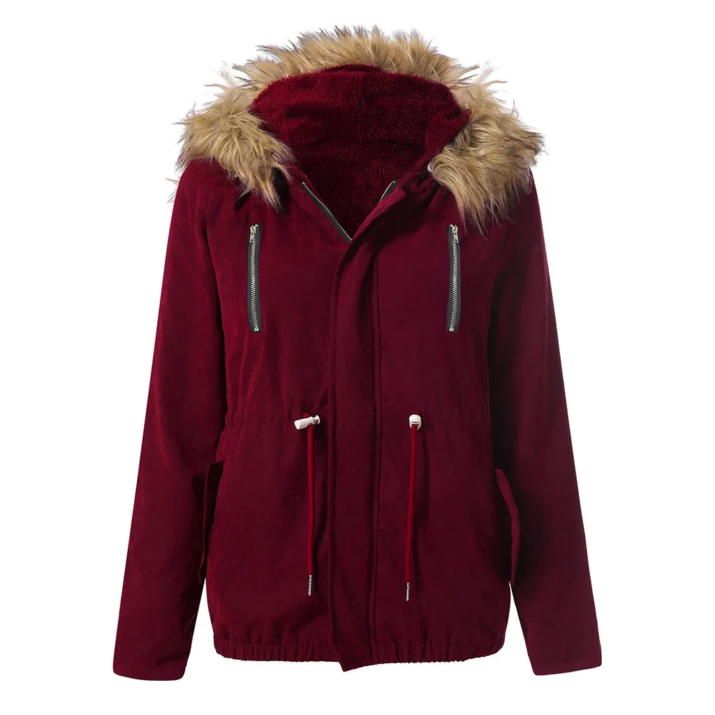 Зимние Модные женские теплые куртки в стиле милитари с капюшоном, повседневное однотонное пальто из искусственного меха, верхняя одежда, простое пальто с лисьим мехом, большие размеры - Цвет: Wine Red