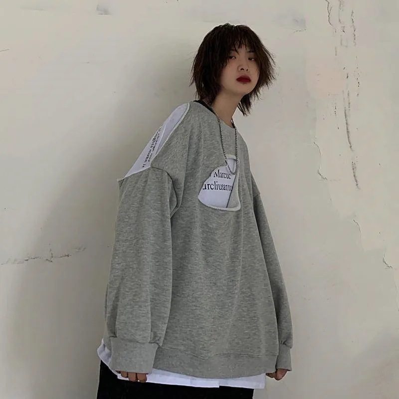 Новое поступление Harajuku повседневные уличные серые Лоскутные толстовки с круглым вырезом и длинными рукавами, Осенние японские модные толстовки, свитера, уличная одежда