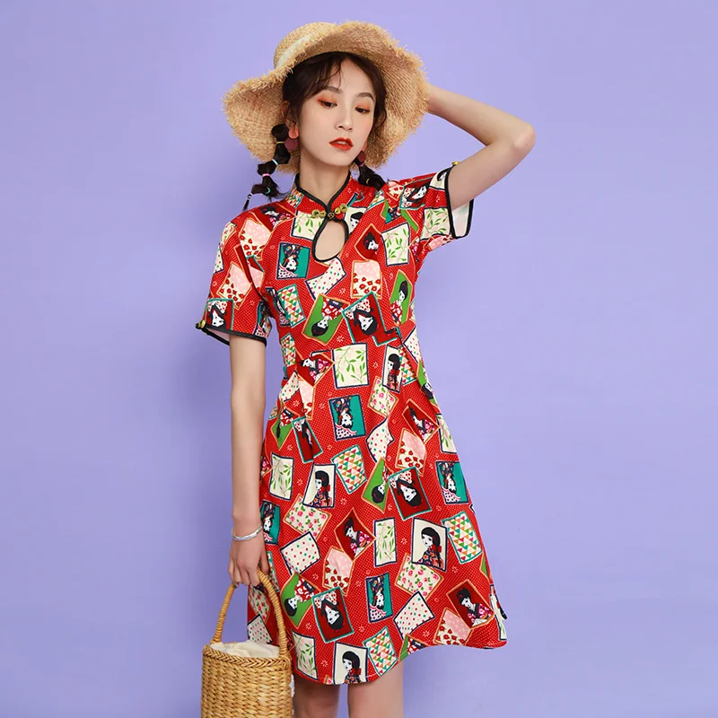 SWEETXUE Cheongsam-платье женское милое Kawaii китайская пуговица с принтом свободное Повседневное платье Летнее Harajuku шикарное ТРАПЕЦИЕВИДНОЕ ПЛАТЬЕ
