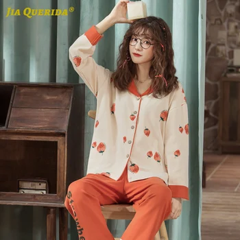 

Button New Soft Cotton Woman Ladies Long Sleeve Long Pants Sleepwear Fashion Style Casual Style Pyjamas Woman Spring Autumn