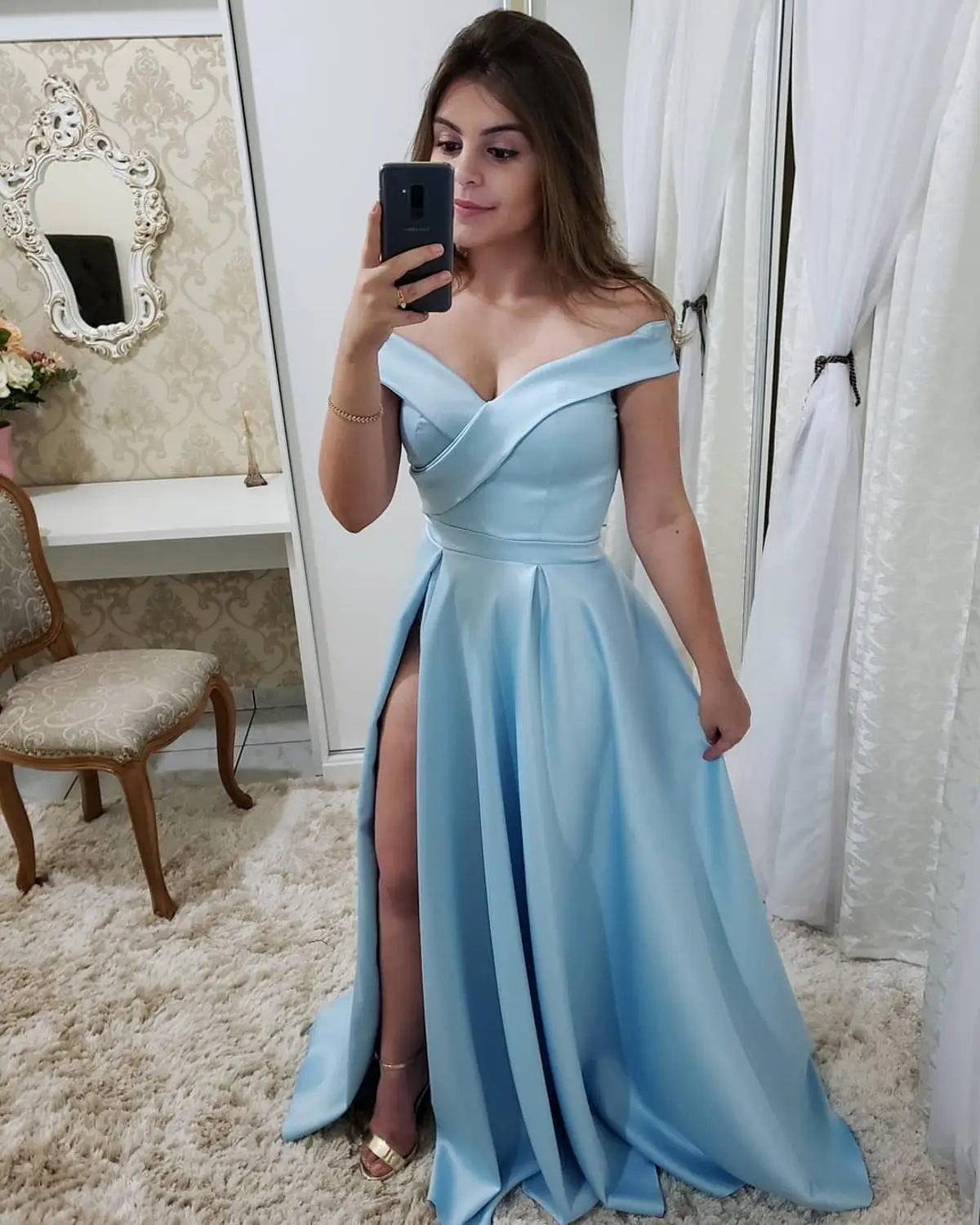 Новое поступление Vestidos сексуальное длинное вечернее платье с v-образным вырезом Длинное Элегантное Вечернее Платье трапециевидной формы с разрезом сбоку - Цвет: Ice Blue