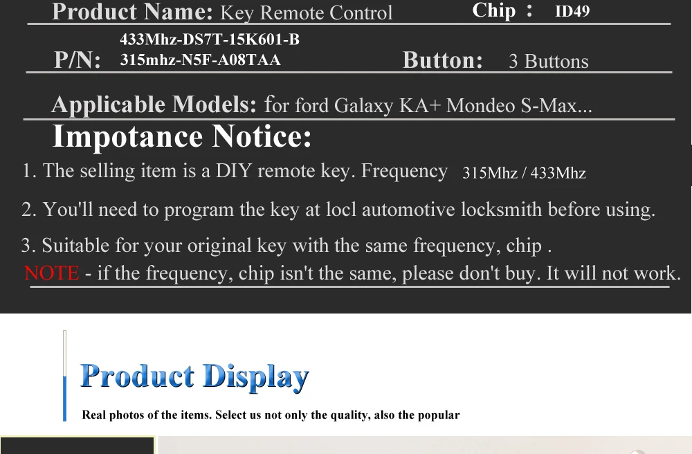 Keyforkess Chiave a Distanza di Vibrazione Fob 3 Bottoni 315/433Mhz N5F-A08TAA ID49 per Ford S-MAX Galaxy Mondeo Mk2 Mk7 explorer Ranger - Hb0b3c2b7fdfd4568b36788e1fe68656fc