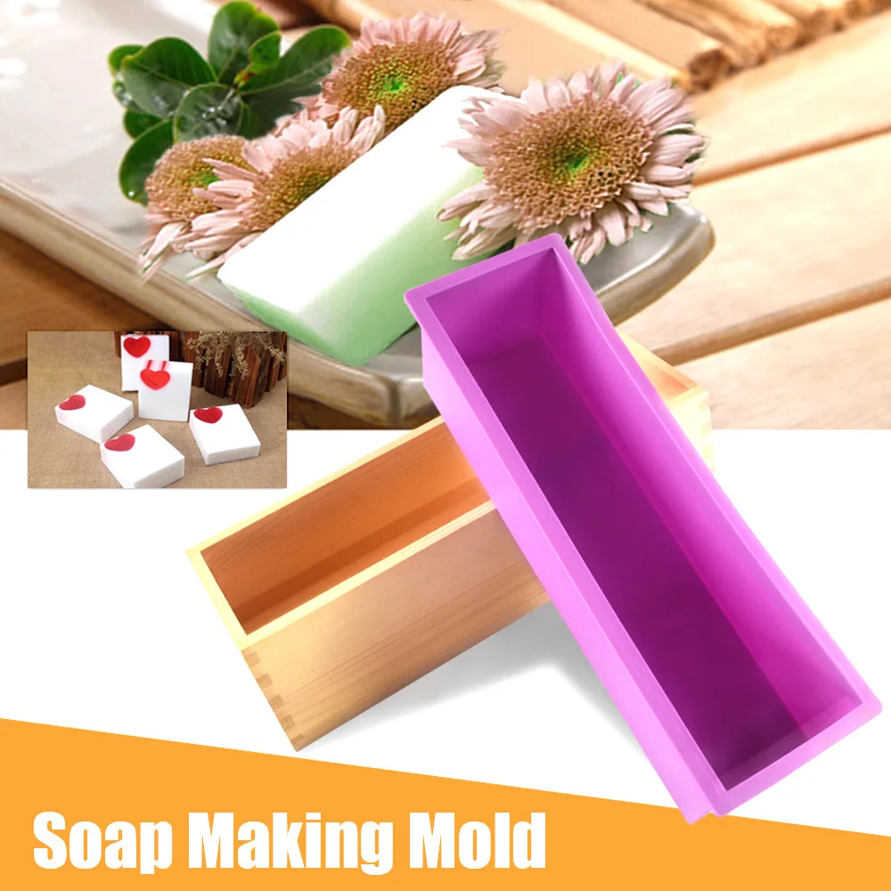 Silicone Soap Mold Rectangular Flexible Mould with Wooden Box for DIY