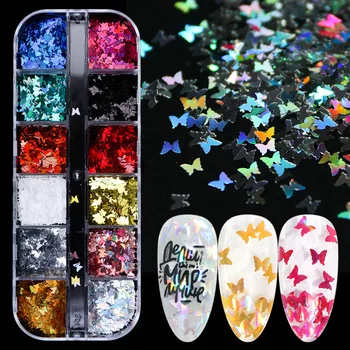 

12 Colors Laser Butterfly Sequins for Nails Glitter Flakes Sparkly Shiny Paillette Manicure UV Gel 3D Nail Art Decor Tips JI1558