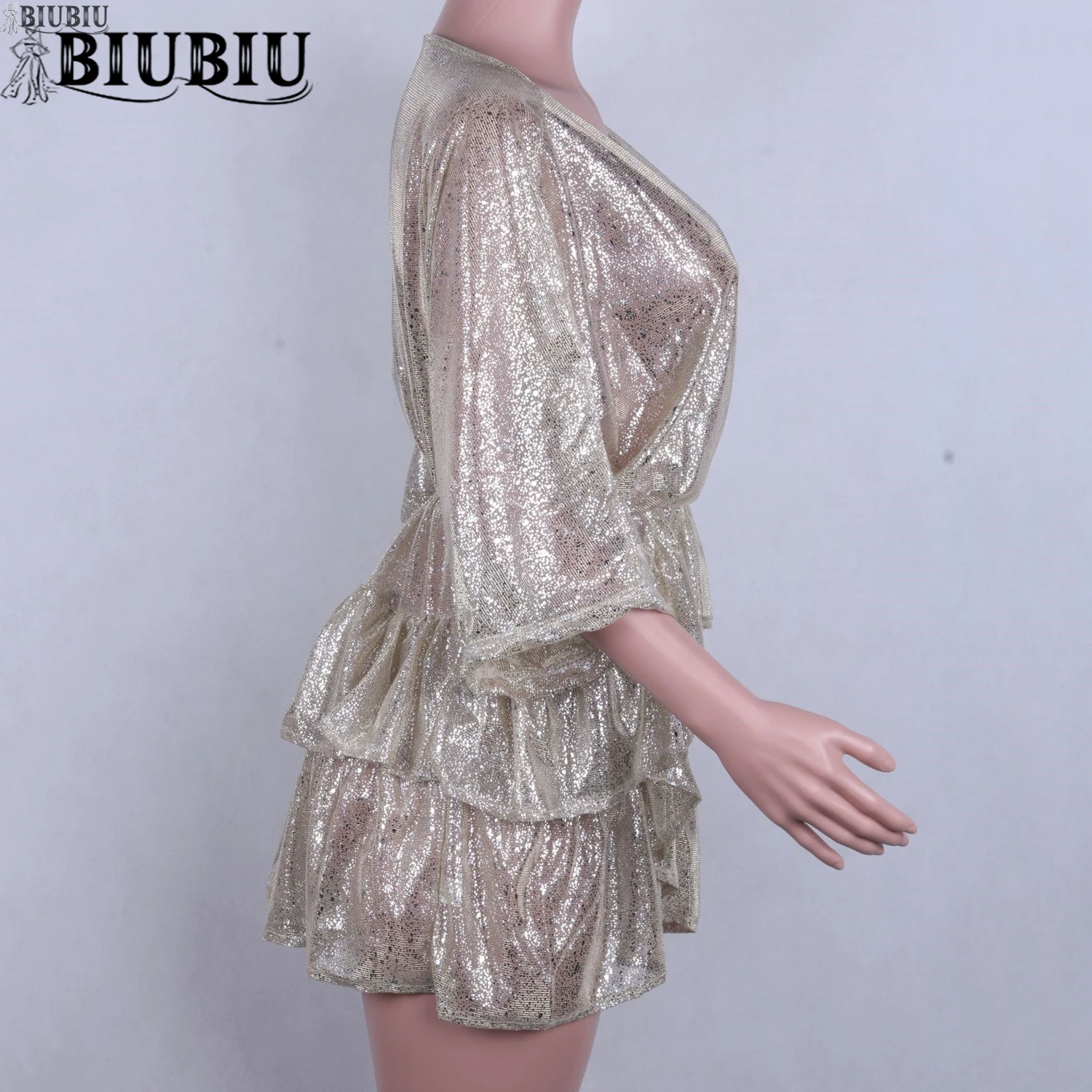 BIUBIU Sexy Deep V Dress Dress Women Summer Half Sleeve Shining Mini Party Dresses Women's Evening Club Dress Gold Vesdios