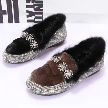

Womens Real Mink Fur Rhinestones Crsytal Bling Loafers Furry Slip On Flats Mules Shoes Warm Winter New 2020 Black Sliver Brown