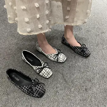 

Women's shoes 2020 new bowknot soft bottom square head ladies casual shoes flat shoes shallow mouth fairy check women's shoes
