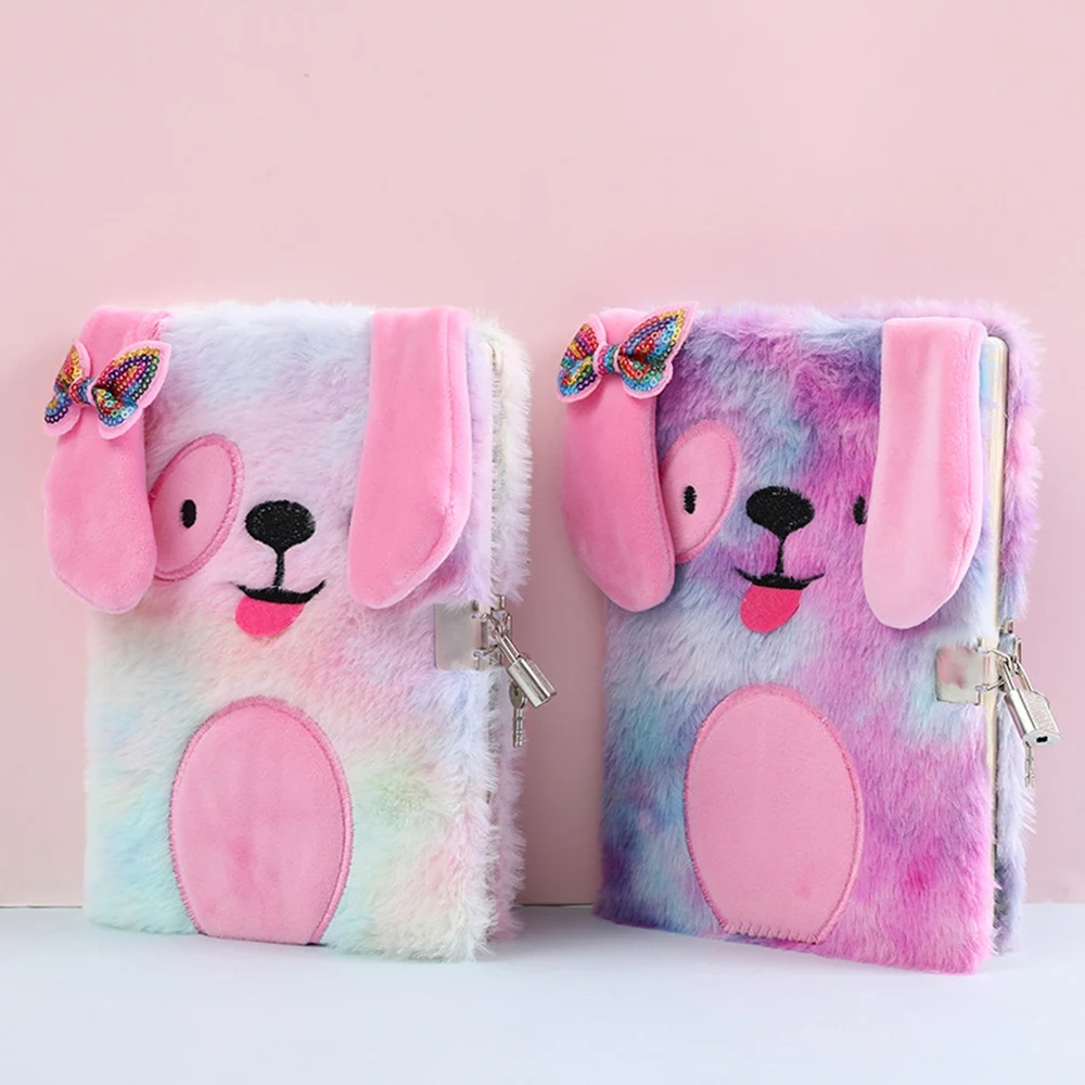 Venta Cuaderno de felpa con cerradura, bonito diario de perro A5, organizador de línea de papel, agenda Kawaii para volver a la escuela, cuaderno coreano 73oNxNo5x