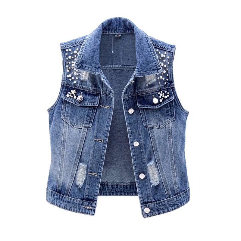 JMPRS Denim Women Vest Luxury Pearls Fashion Ripped Autumn Plus Size Jeans Jacket Sleeveless Loose Short Coat Causal Waistcoats white puffer