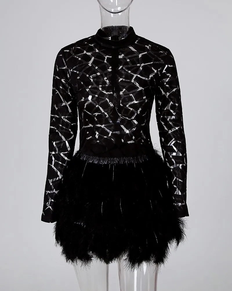 Сетчатое лоскутное дизайнерское платье с перьями, женское мини-платье для ночного клуба с длинным рукавом, Женские Короткие вечерние платья