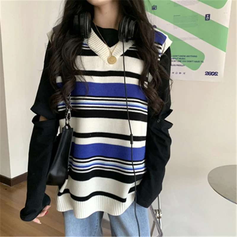 

Hit Color Stripe Knit Vests Women Fall Korean New Casual Loose V-neck BF Sweater Sleeveless Femme Oversize Comfort Pullover Vest