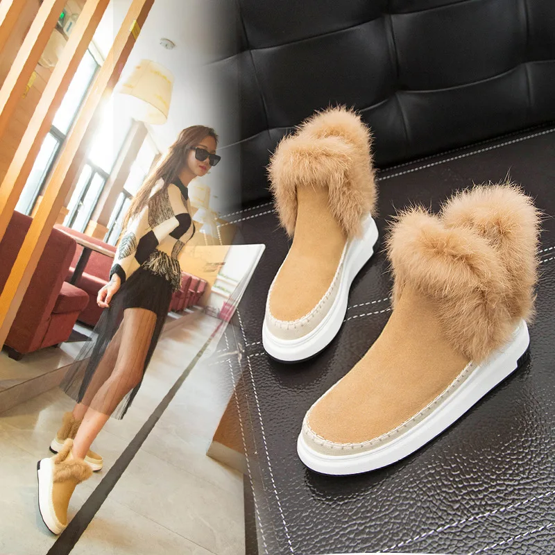 

2018 Autumn And Winter Genuine Leather Chelsea Boots Thick Bottomed Platform Boots Furry Flat Wedge Short Boots Rabbit Fur WOMEN