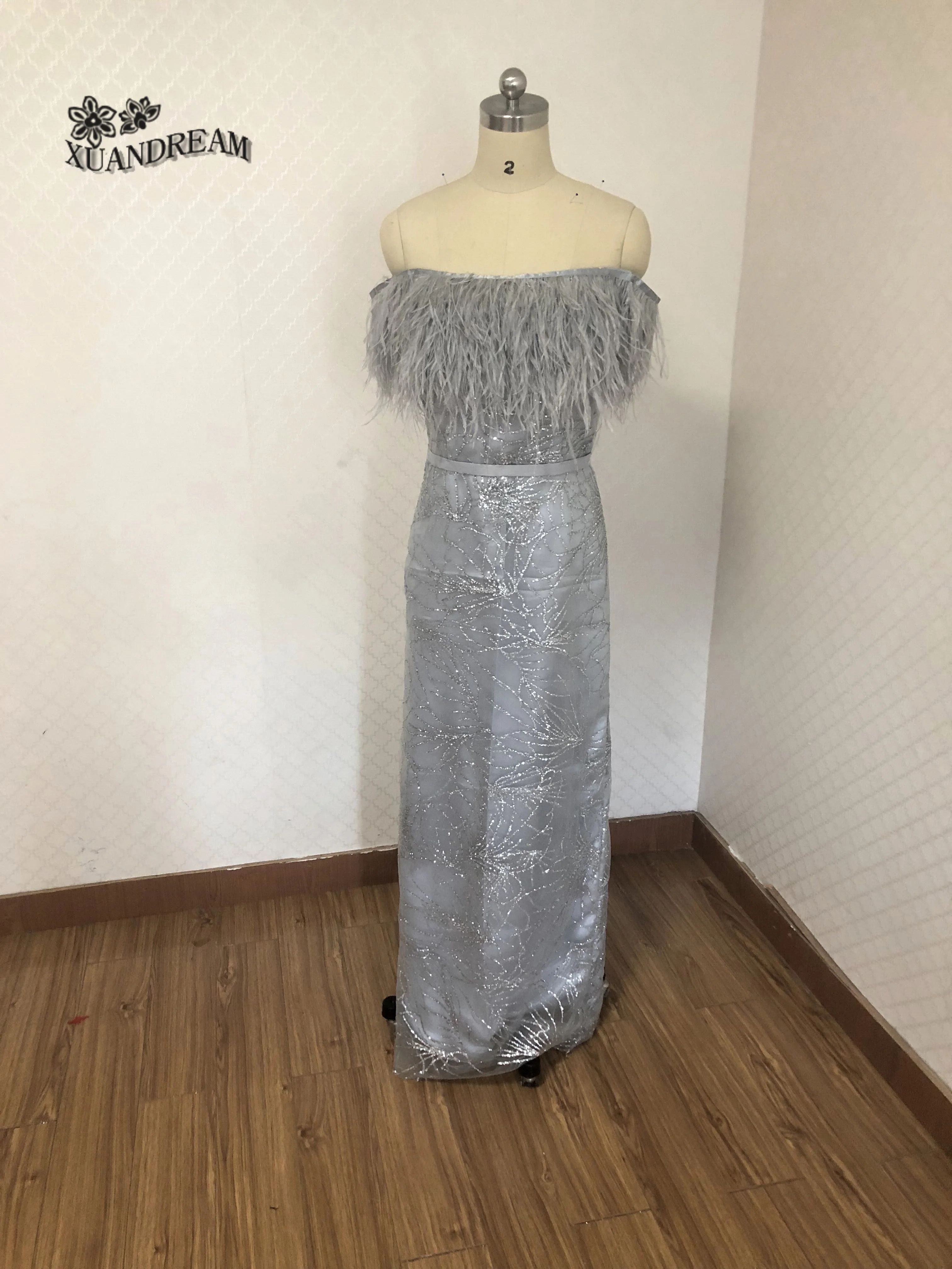

Elegant feathers vestiti da sera occasion dresses for women bling bling glitter sale on line grey evening dresses made in china