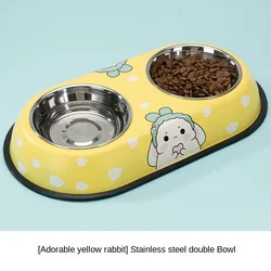 Double bol en acier inoxydable pour chien, dessin animé, bassin de nourriture pour chat, Teddy Water, produits pour animaux de compagnie 