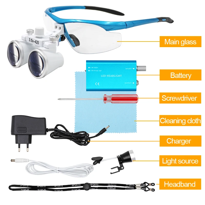  3.5X Dental Loupe Magnification Galilean Binocular Loupes Magnifier with Headlight LED Light Dentis - 4000584687921
