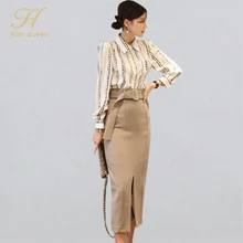 H Han queen элегантный OL комплект из 2 предметов для женщин зима офис Weat полосатые рубашки топы и высокая талия облегающая юбка карандаш