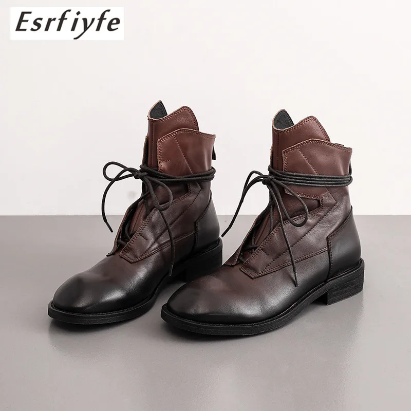 

ESRFIYFE 2020 New Genuine Leather Size 33-44 Martin Boots Women Shoes Autumn Winter Round Toe Lace-up Ankle Boots Ladies Shoes
