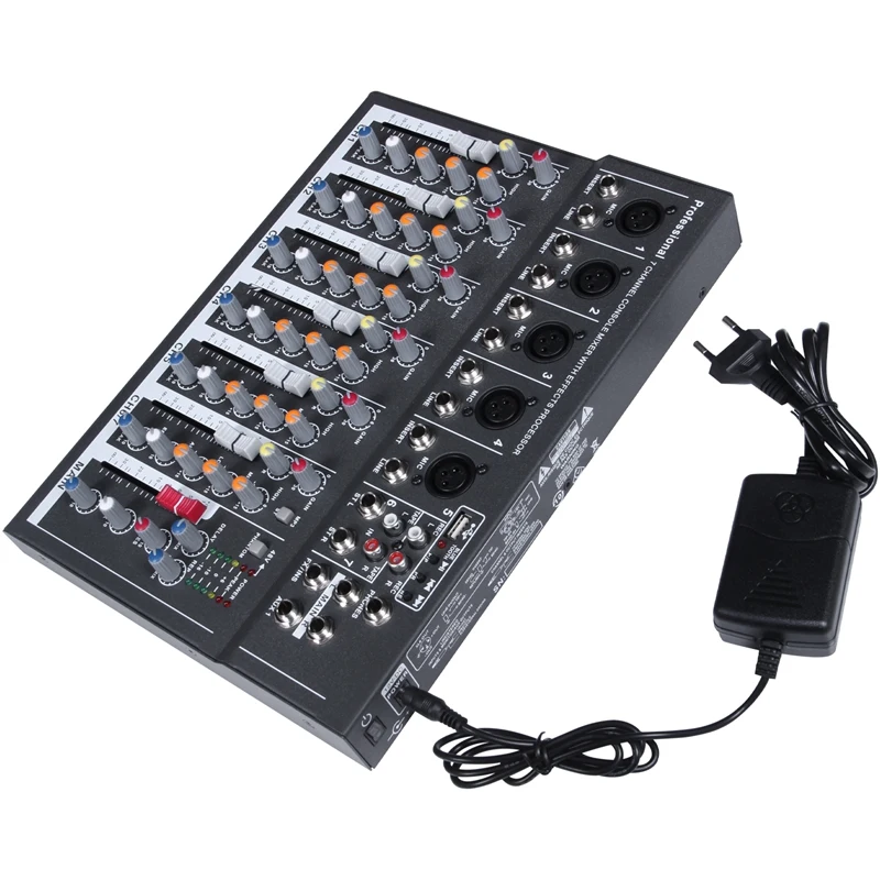 

7 Channel Digital Microphone Sound Mixer Console 48V Phantom Power Professional Karaoke Audio Mixer Amplifier with USB EU Plug