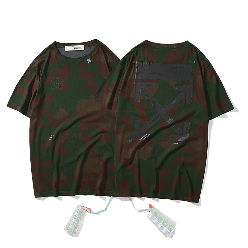 "99" болотный камуфляж 19ss Off-White OW для мужчин/женщин, модные модели влюбленных пар, хлопковая Повседневная футболка с коротким рукавом и круглым вырезом