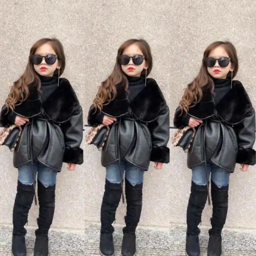 Куртка для девочек из искусственной кожи с вельветовой подкладкой плотная
