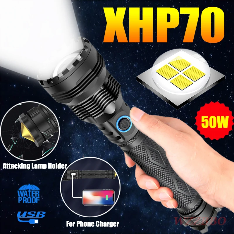 

2020 LED Flashlight Super Bright XHP70 Tactical Torch USB Charging Zoom Light with Bottom Attack Cone Fishing Camping XHP50
