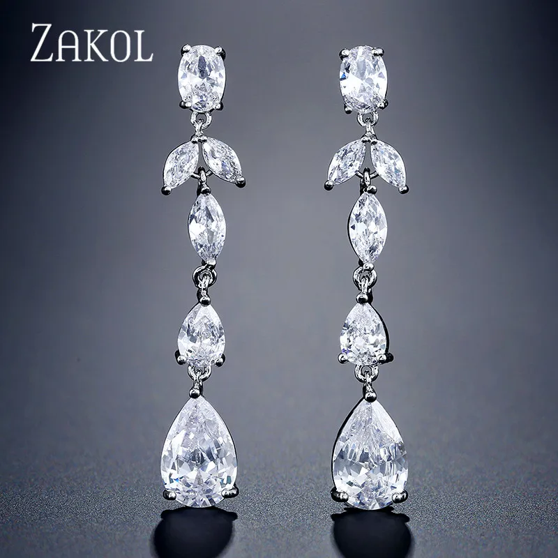 White ZAKOL новые длинные висячие серьги в виде капли с кубическим цирконием, ювелирные изделия для невесты, для женщин, подарок на свадьбу, вечеринку, день рождения, FSEP2317 - Окраска металла: White