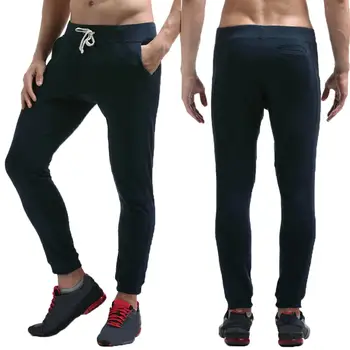 

Sporty Men Solid Color Drawstring Pockets Ankle Tie Pants Long Running Trousers