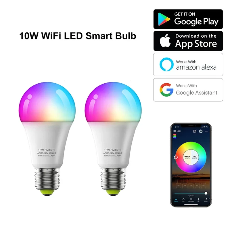 WiFi RGB Smart LED Light Bulb for Apps by iOS Android Alexa Google Home 10W 