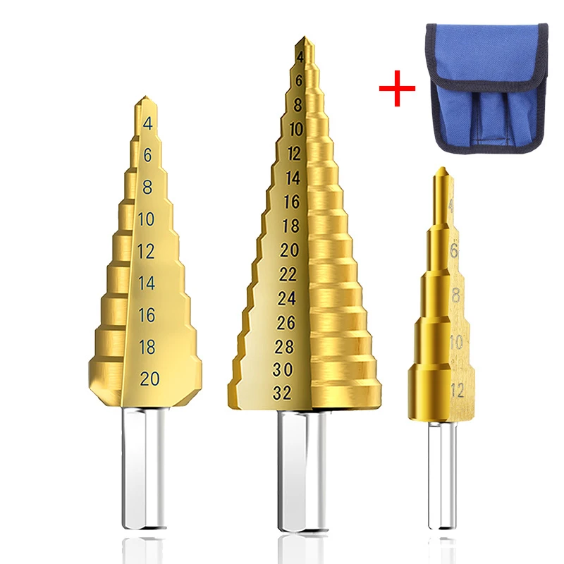 HSS Titanium Step Drill Bits For Metal Wood Shank Stepped Bit 3-12/4-12/4-20/4-32 Carpenter Tools Auger Center Drill Hole