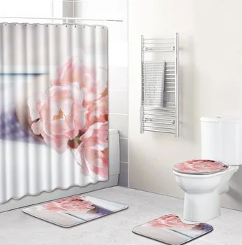

4Pcs/Set Print Shower Custain Bath Toilet Set Waterproof Fabric Bathroom Mats Rugs with Hooks Flower