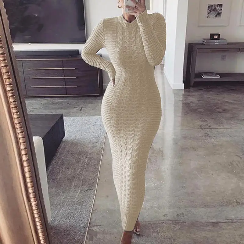 Sweater Maxi-Dress Knitwear Turtleneck Lace-Up Soft Female Winter High-Quality Women
