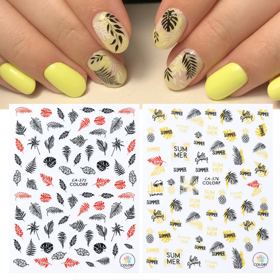 1 шт Осенний лист 3D наклейки желтые наклейки для ногтей слайдер цветок черный фиолетовый Дизайн Клей DIY лак для ногтей Наклейка LECA574-584