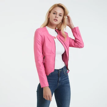 

2020 Autumn New Women Moto Faux Leather Jacket Black Pink Double Chains Long Sleeves Jackets Vintage Chic Cool PU leather Coats