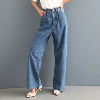 

2020 Fashion Women Blue Pleated Wide Leg Jeans High Waist Pockets Denim Trousers Female Casual Long Pants Pantalones