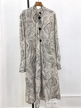

New Fashion Women Tie Shirt Dress Ladies Long Sleeve Pleated Marble Print Streamer Knee-length Dresses